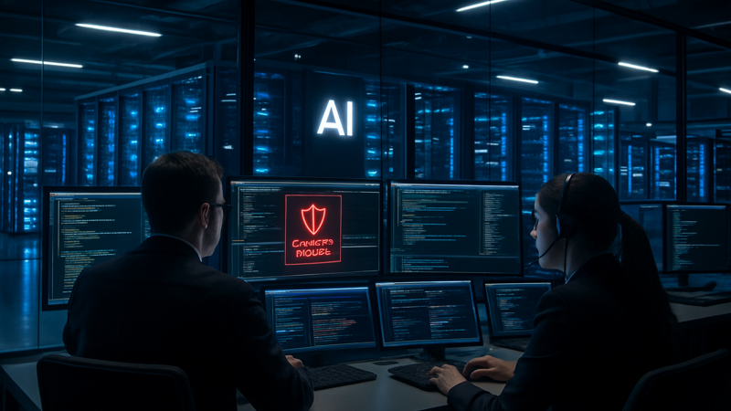 AI cybersecurity monitoring center with professionals and servers