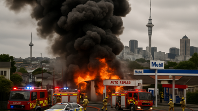 Major Fire Engulfs Auckland Automotive Shop Near Z Petrol Station, Sending Thick Black Smoke Across City