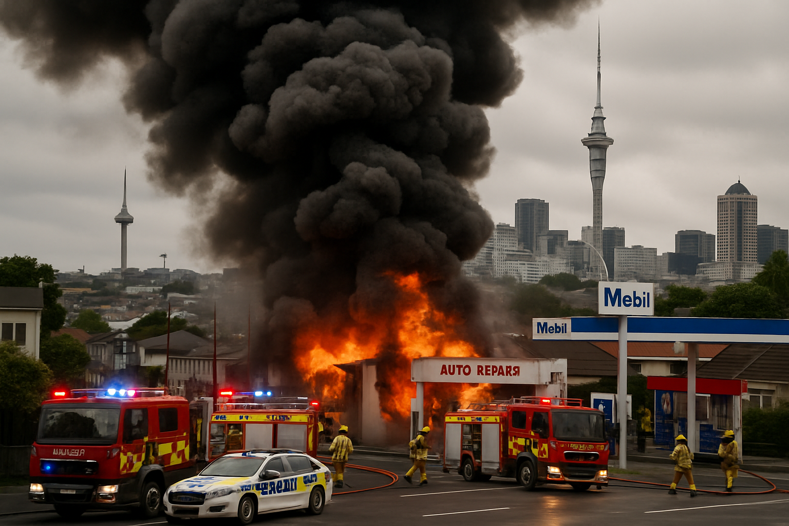 Major Fire Engulfs Auckland Automotive Shop Near Z Petrol Station, Sending Thick Black Smoke Across City
