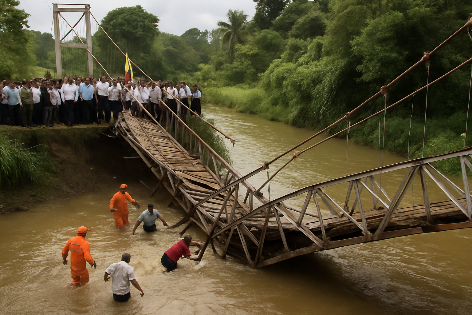 Colombia Bridge Collapses Seconds After Inauguration in Chocó, Officials Fall Into River