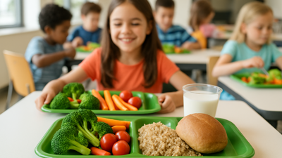 Healthy school lunch with vegetables and whole grains