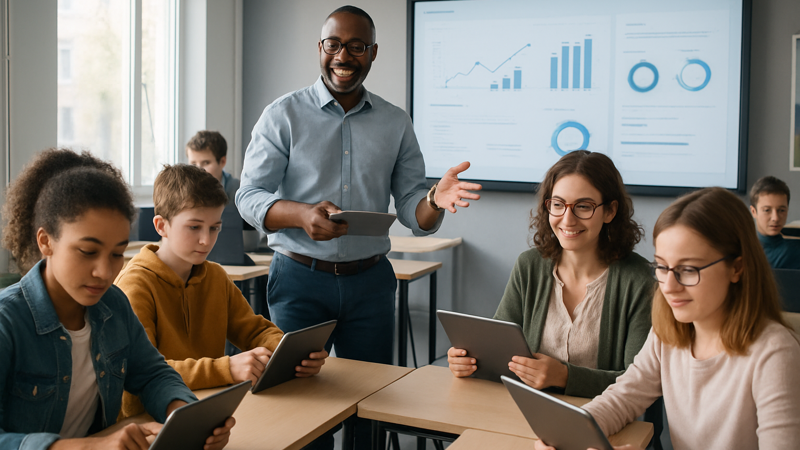 Modern classroom with diverse students and digital technology