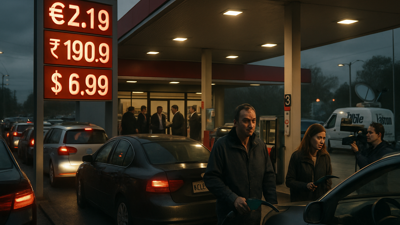 Cars queuing at gas station during fuel crisis
