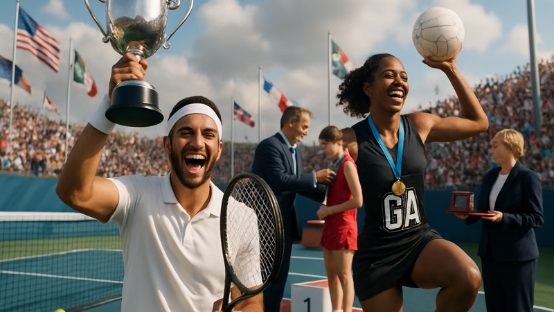 Athletes celebrating sporting achievements with trophies and medals