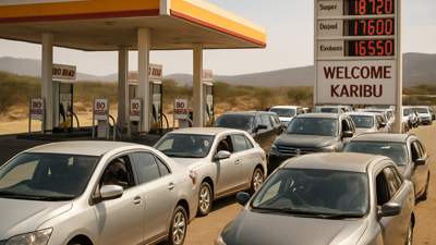Kenyan fuel station with long queues