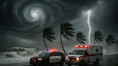 Powerful tropical cyclone approaching coastal areas with dramatic storm clouds