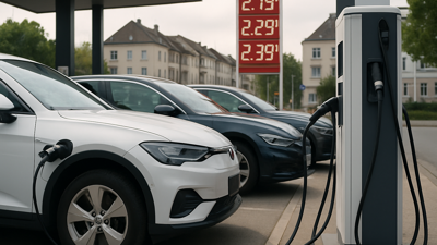 Electric vehicle charging station with high fuel prices visible