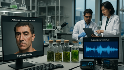 Scientific research laboratory with AI reconstruction and marine samples