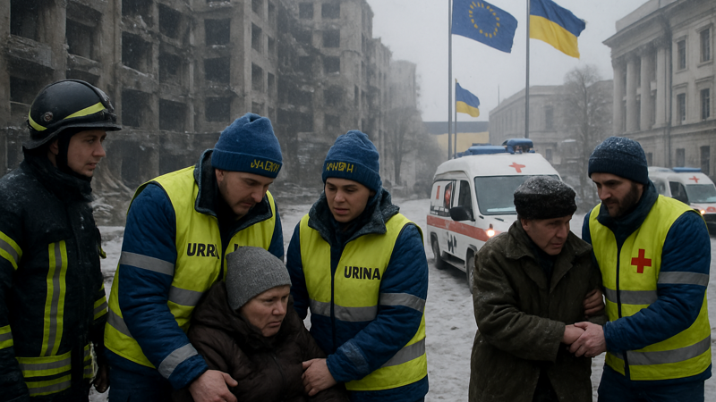 Ukrainian emergency response workers in winter conditions