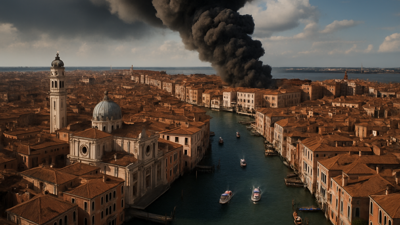 Fire Engulfs Serbian Pavilion at Venice Biennale, Black Smoke Column Visible Across Historic City