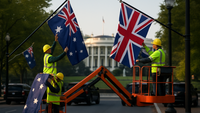 Workers replacing Australian flags with British flags near White House